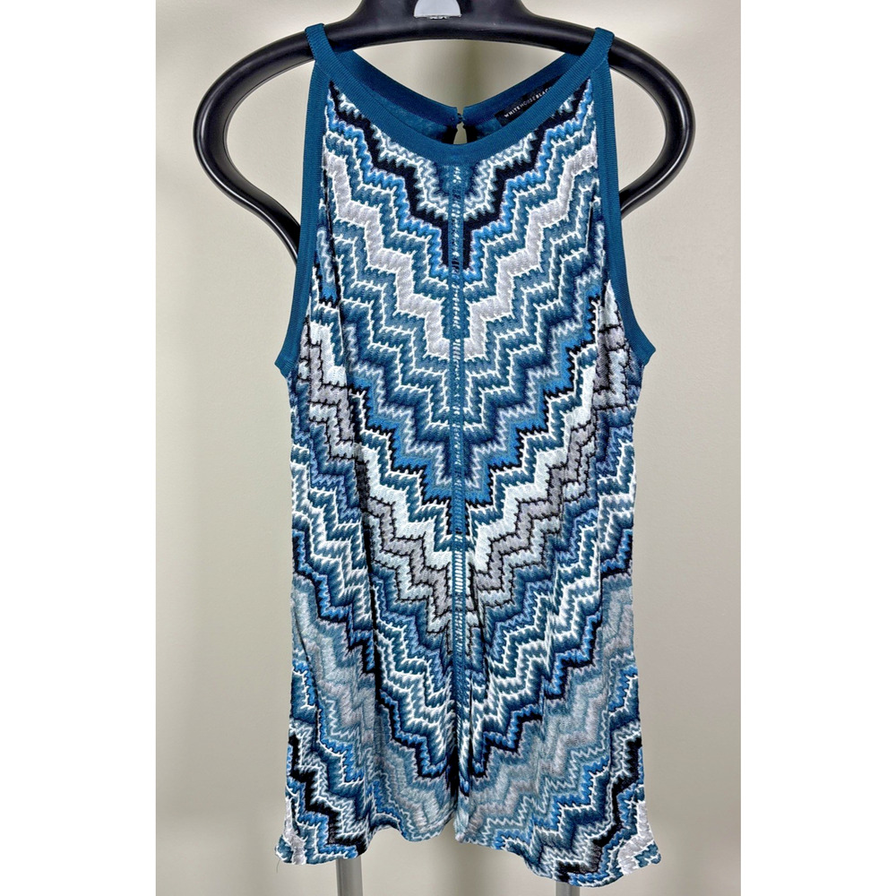 White House Black Market Chevron Knit Tank Top Teal Blue Gray White Zig Zag Sz L